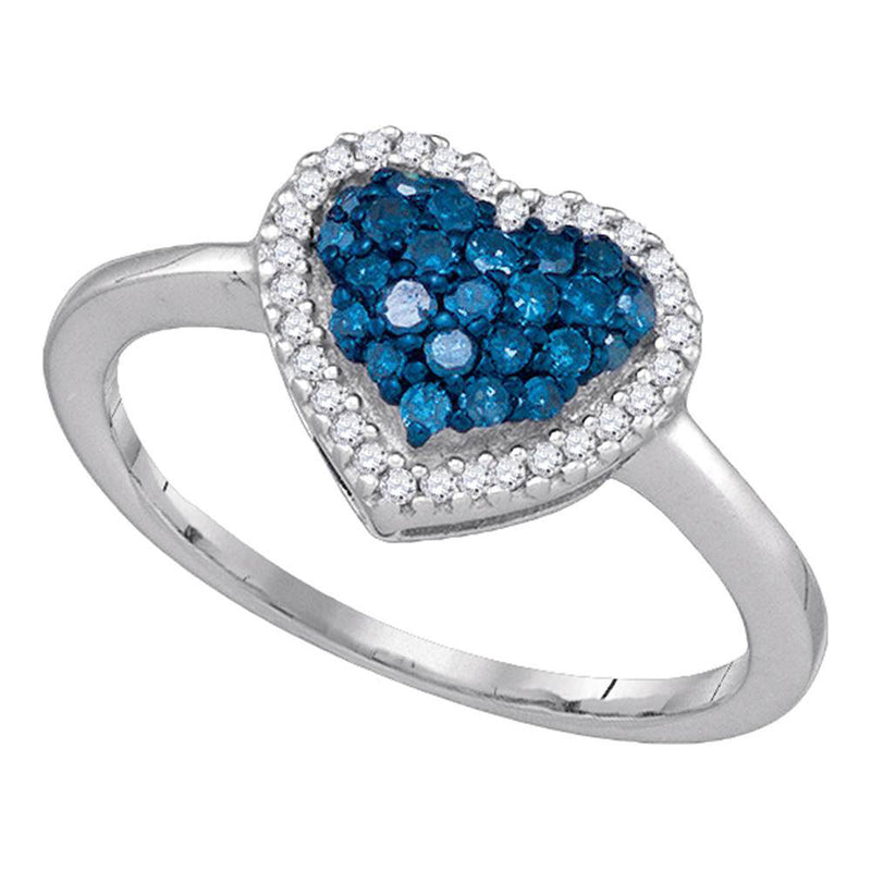 10k White Gold Womens Blue Color Enhanced Diamond Heart Cluster Anniversary Ring 1/3 Cttw