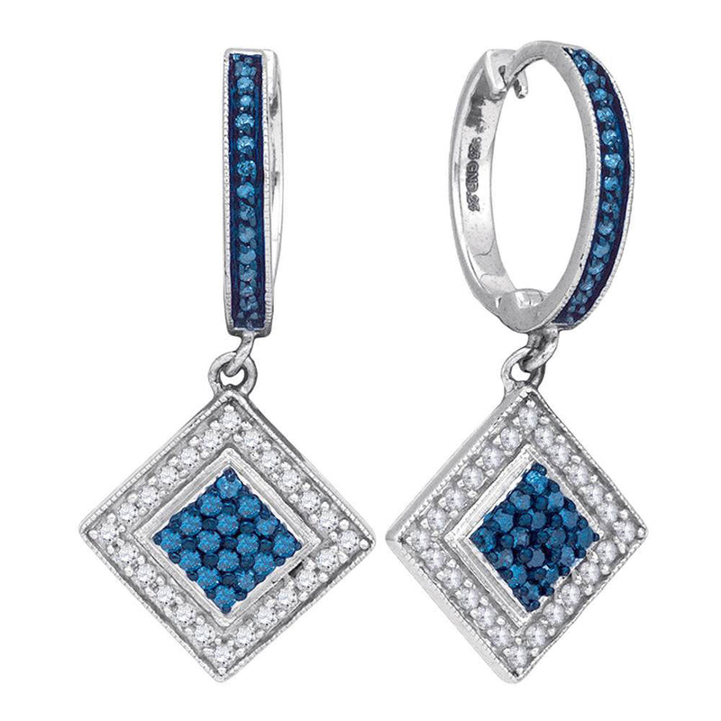 10kt White Gold Womens Round Blue Color Enhanced Diamond Square Dangle Earrings 1/2 Cttw