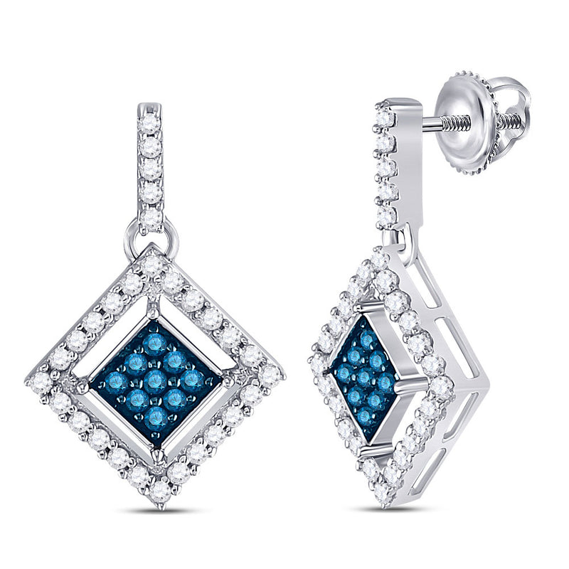 10kt White Gold Womens Round Blue Color Enhanced Diamond Square Dangle Earrings 1/2 Cttw