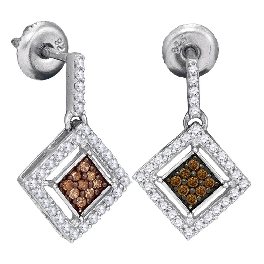 10kt White Gold Womens Round Brown Diamond Square Dangle Earrings 1/2 Cttw