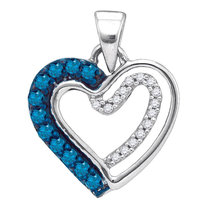 10kt White Gold Womens Round Blue Color Enhanced Diamond Double Nested Heart Pendant 1/5 Cttw