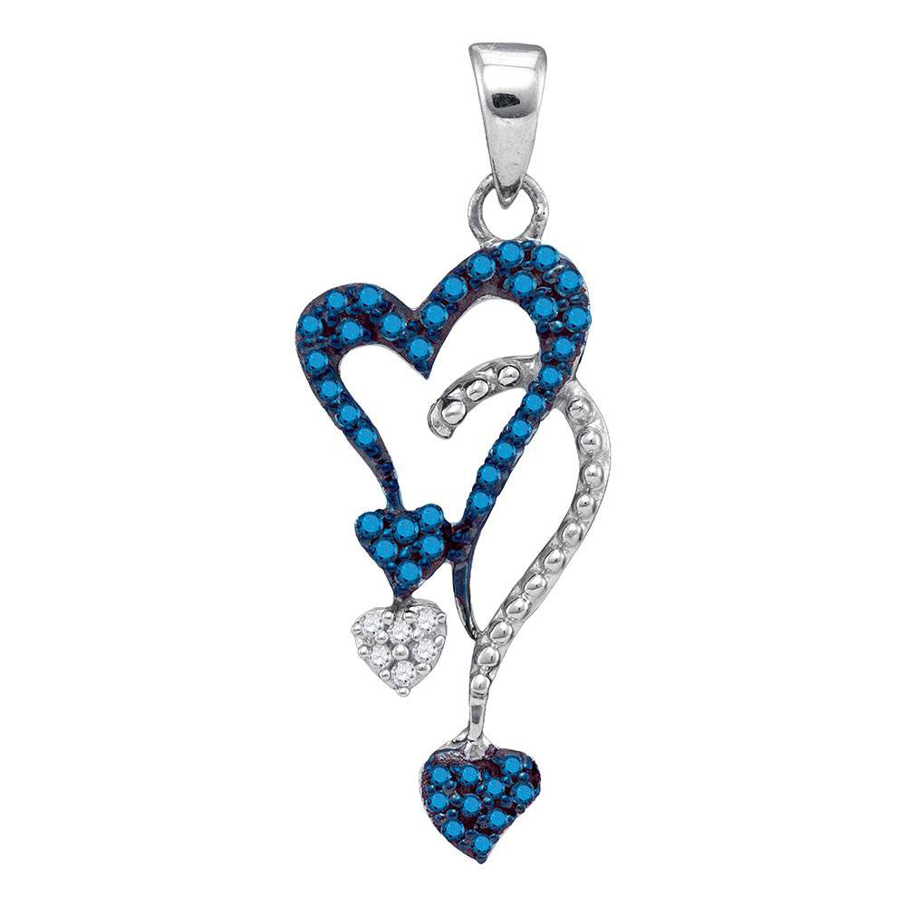 10kt White Gold Womens Round Blue Color Enhanced Diamond Droplet Heart Pendant 1/5 Cttw