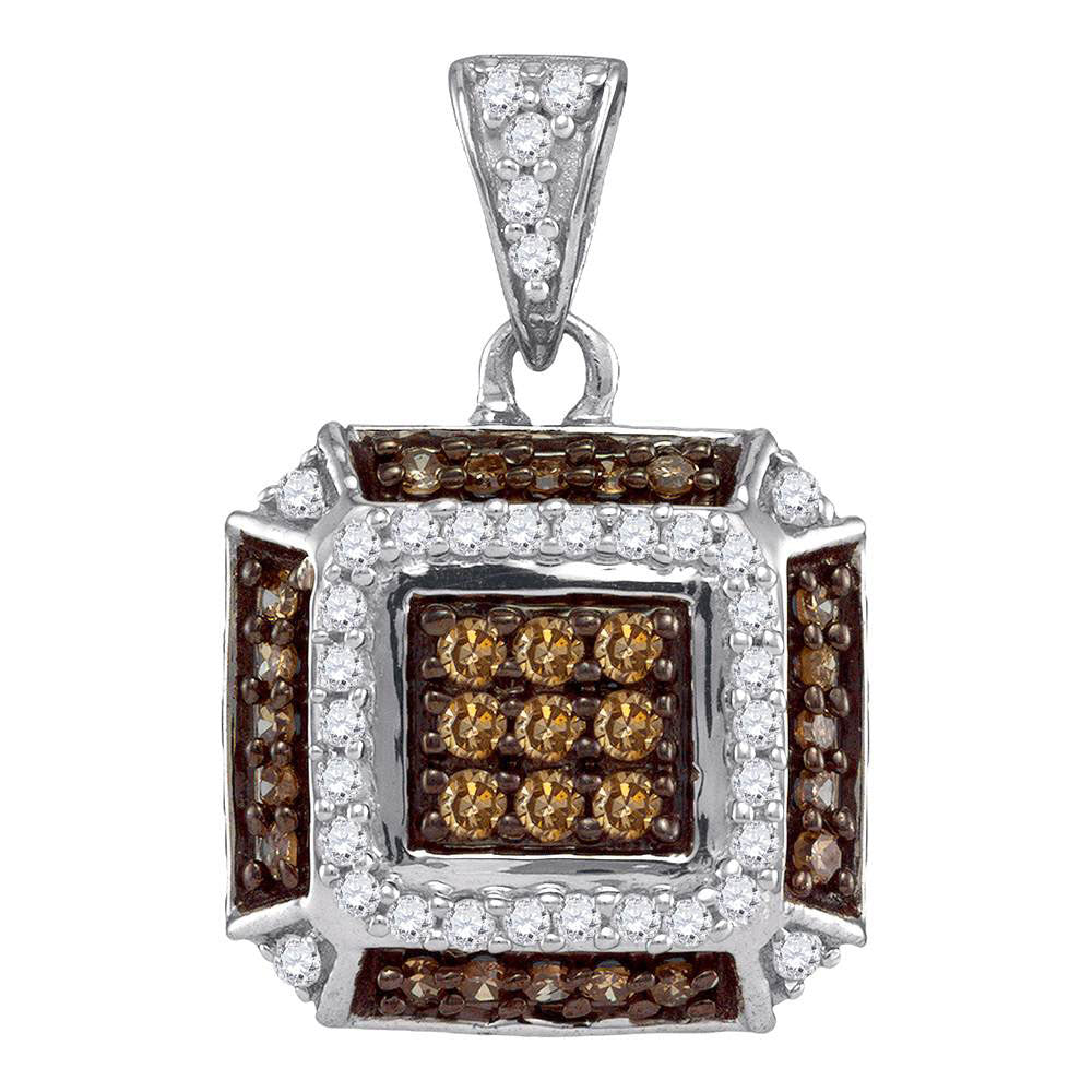 10kt White Gold Womens Round Brown Diamond Square Pendant 1/2 Cttw