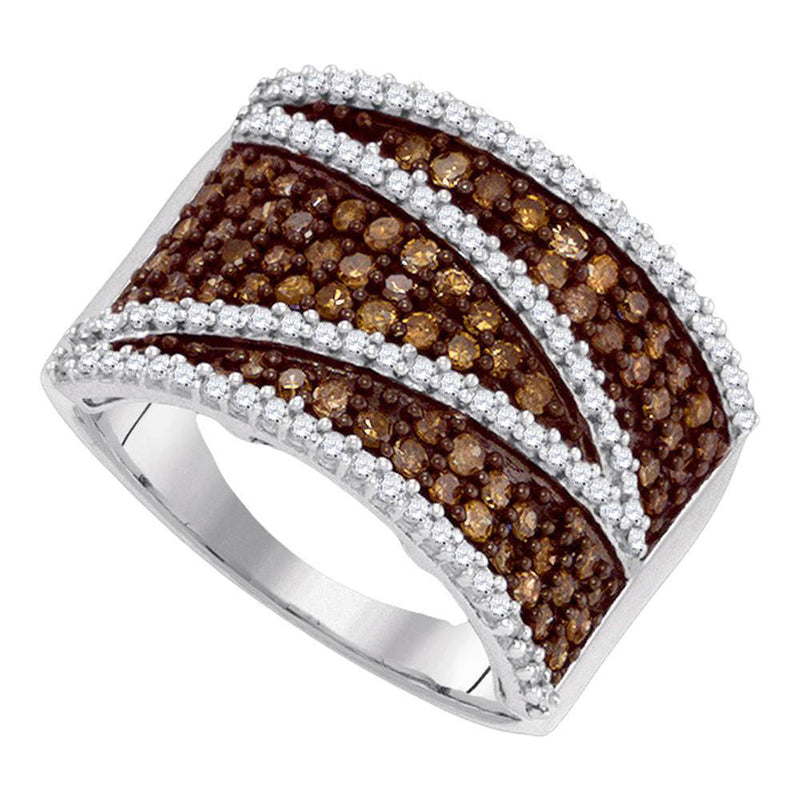 10kt White Gold Womens Round Brown Diamond Stripe Band Ring 1 Cttw