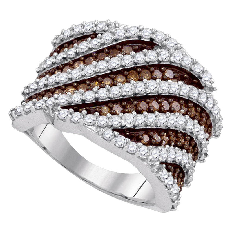 10kt White Gold Womens Round Brown Diamond Diagonal Stripe Fashion Ring 1-7/8 Cttw