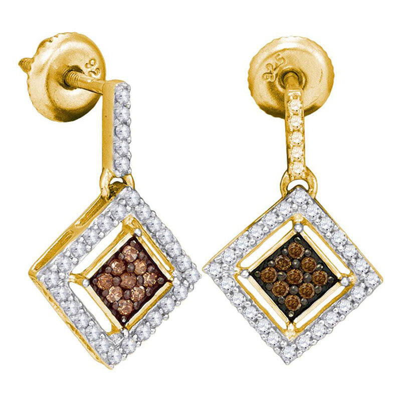 10kt Yellow Gold Womens Round Brown Diamond Square Dangle Earrings 1/2 Cttw