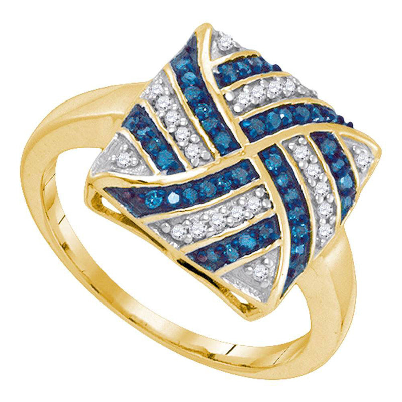 10kt Yellow Gold Womens Round Blue Color Enhanced Diamond Square Ring 1/4 Cttw