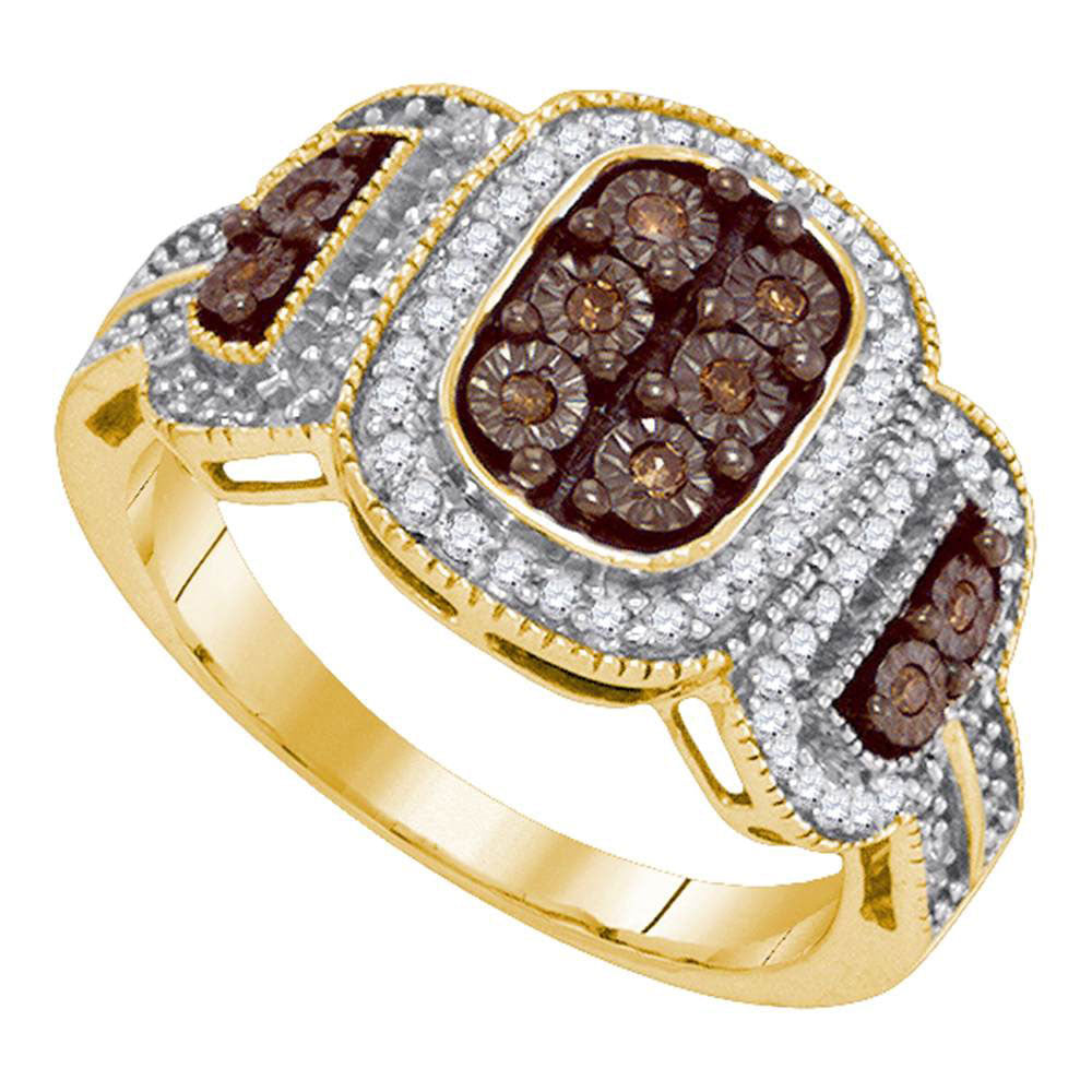 10kt Yellow Gold Womens Round Brown Diamond Cluster Ring 1/3 Cttw