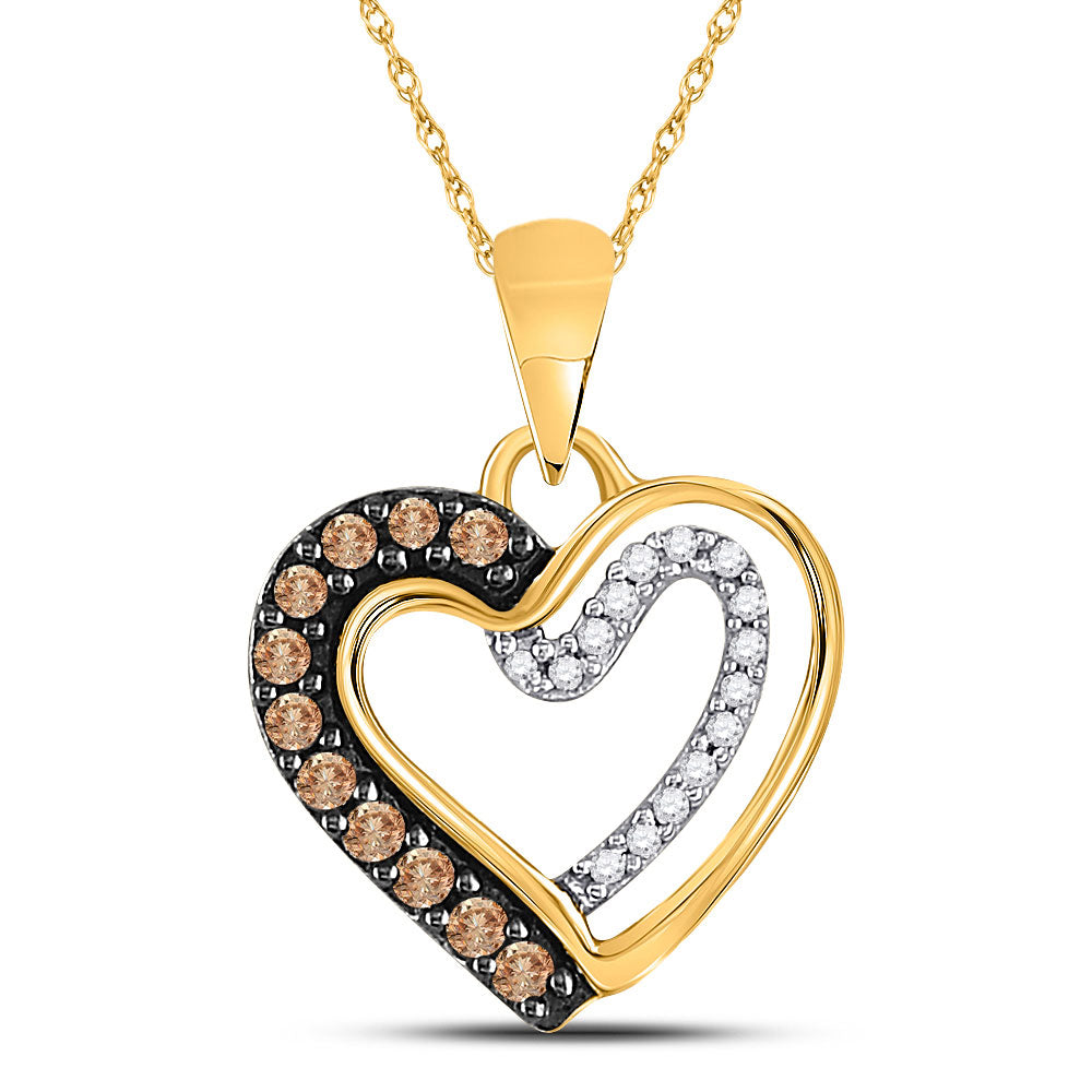 10kt Yellow Gold Womens Round Brown Diamond Heart Pendant 1/5 Cttw