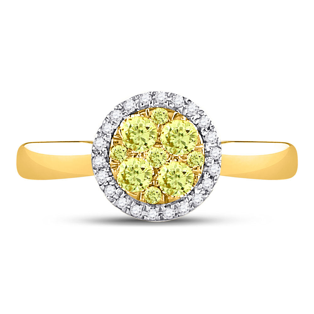 14kt Yellow Gold Womens Round Canary Yellow Diamond Circle Cluster Ring 1/2 Cttw