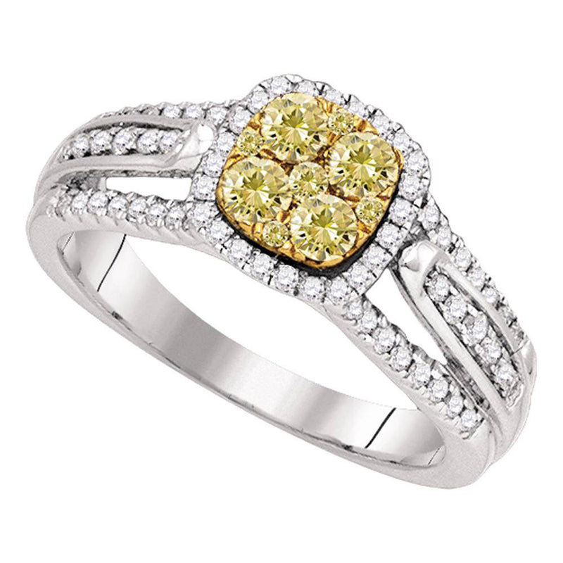 14kt White Gold Round Yellow Diamond Cluster Bridal Wedding Engagement Ring 3/4 Cttw