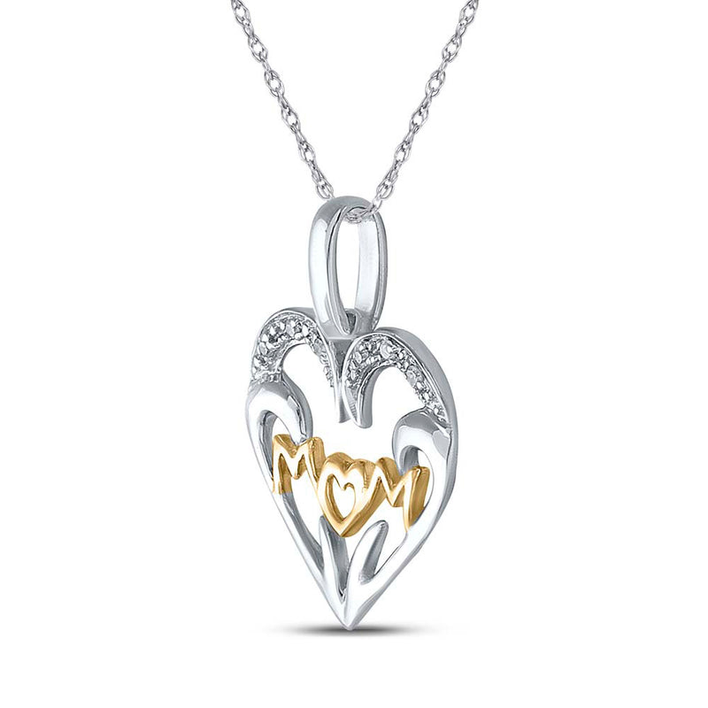 Two-tone Sterling Silver Womens Round Diamond Mom Heart Pendant .03 Cttw