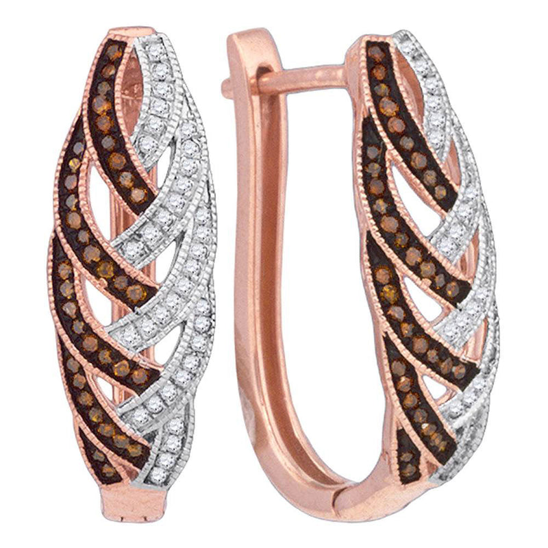 10kt Rose Gold Womens Round Red Color Enhanced Diamond Hoop Luxury Earrings 1/3 Cttw