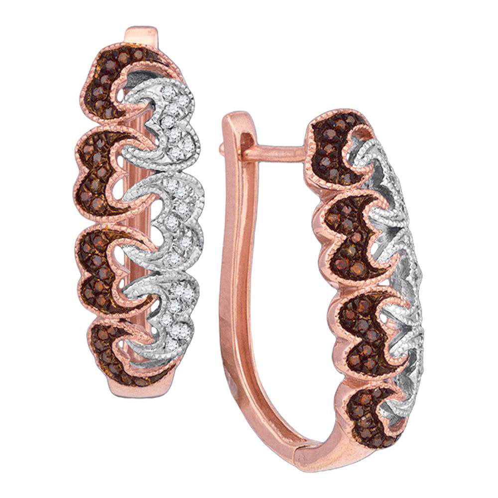 10kt Rose Gold Womens Round Red Color Enhanced Diamond Heart Hoop Earrings 1/4 Cttw