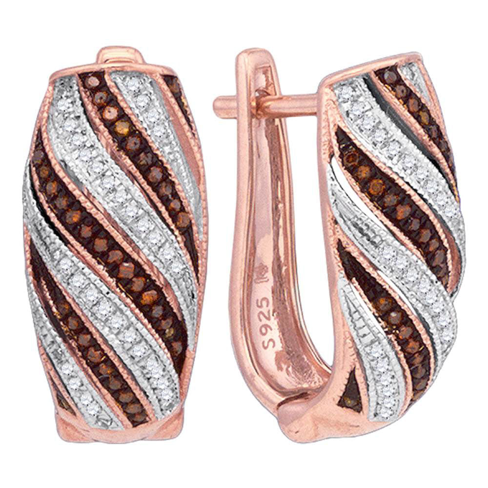 10kt Rose Gold Womens Round Red Color Enhanced Diamond Diagonal Stripe Hoop Earrings 1/3 Cttw