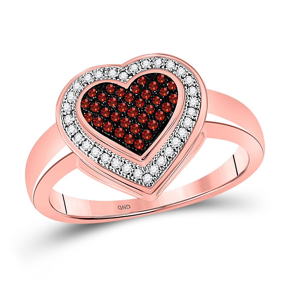 10kt Rose Gold Womens Round Red Color Enhanced Diamond Halo Heart Cluster Ring 1/5 Cttw