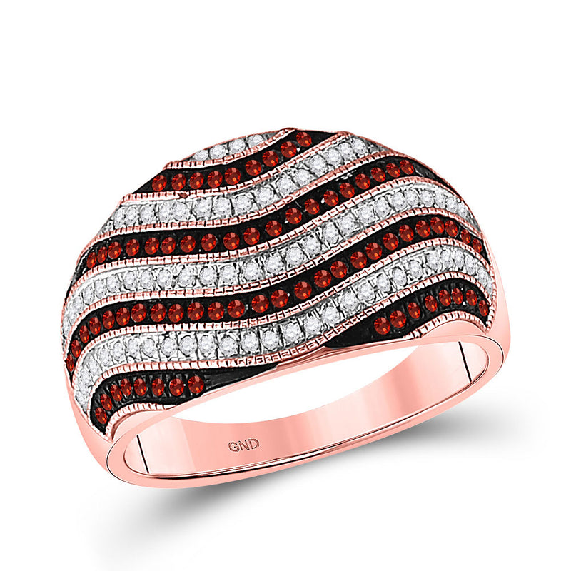 10kt Rose Gold Womens Round Red Color Enhanced Diamond Wave Stripe Ring 1/2 Cttw