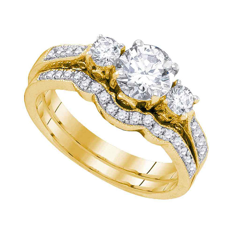 14kt Yellow Gold Round Diamond 3-Stone Bridal Wedding Ring Band Set 1 Cttw