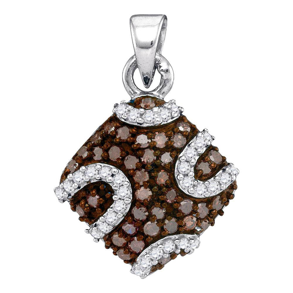 10kt White Gold Womens Round Brown Diamond Diagonal Square Pendant 1/2 Cttw