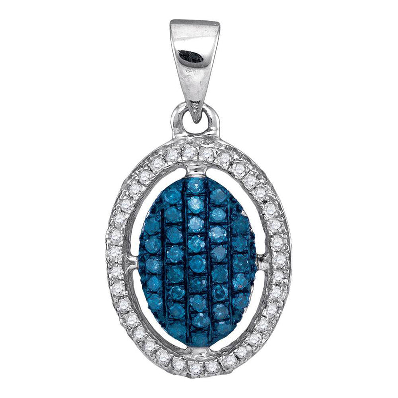 10kt White Gold Womens Round Blue Color Enhanced Diamond Oval Frame Cluster Pendant 1/3 Cttw