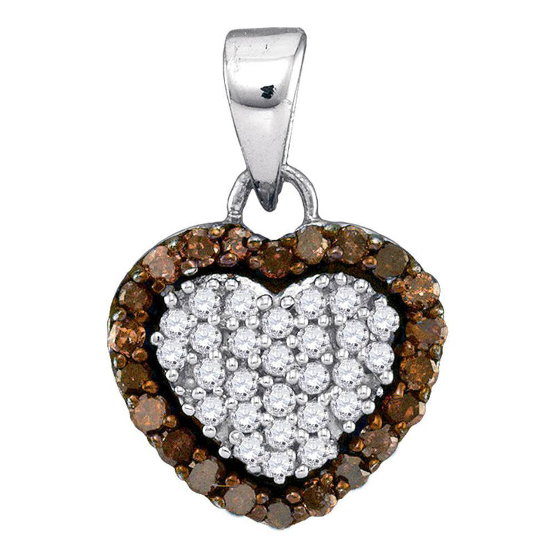 10kt White Gold Womens Round Brown Diamond Heart Frame Pendant 1/3 Cttw