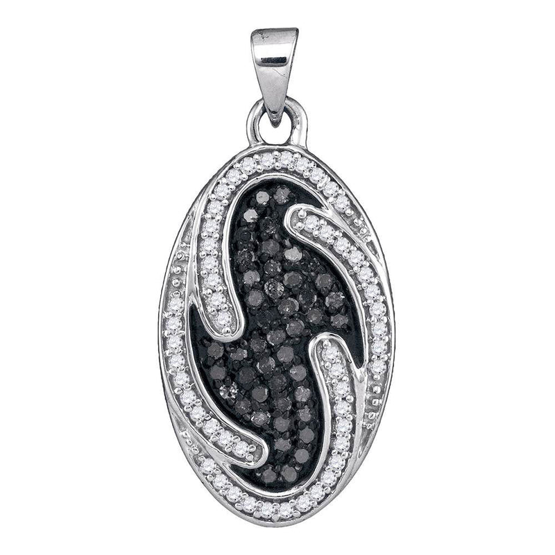 10kt White Gold Womens Round Black Color Enhanced Diamond Oval Cluster Pendant 1/2 Cttw