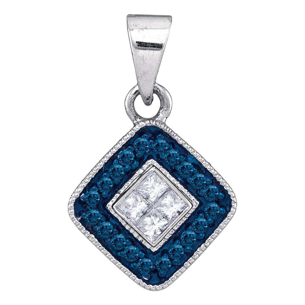 10kt White Gold Womens Round Blue Color Enhanced Diamond Diagonal Square Pendant 1/5 Cttw