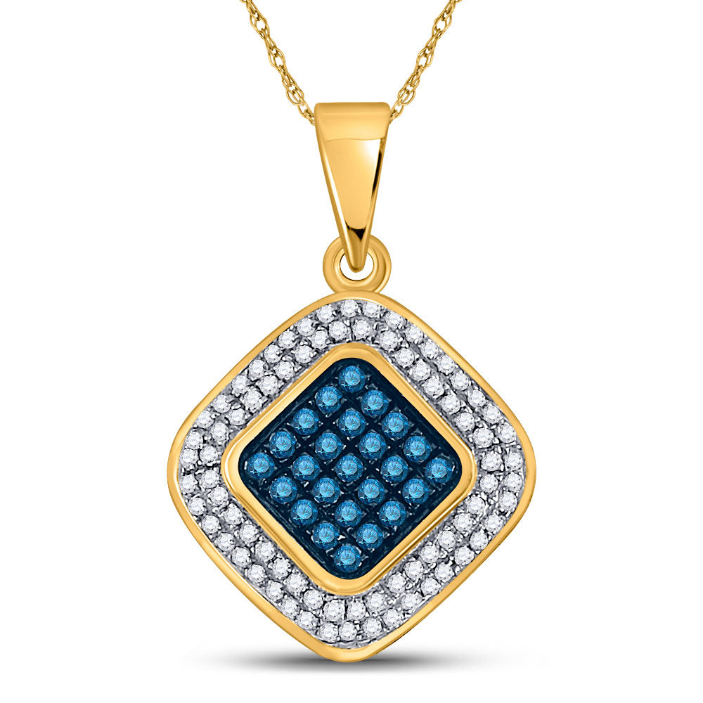 10kt Yellow Gold Womens Round Blue Color Enhanced Diamond Square Pendant 1/4 Cttw