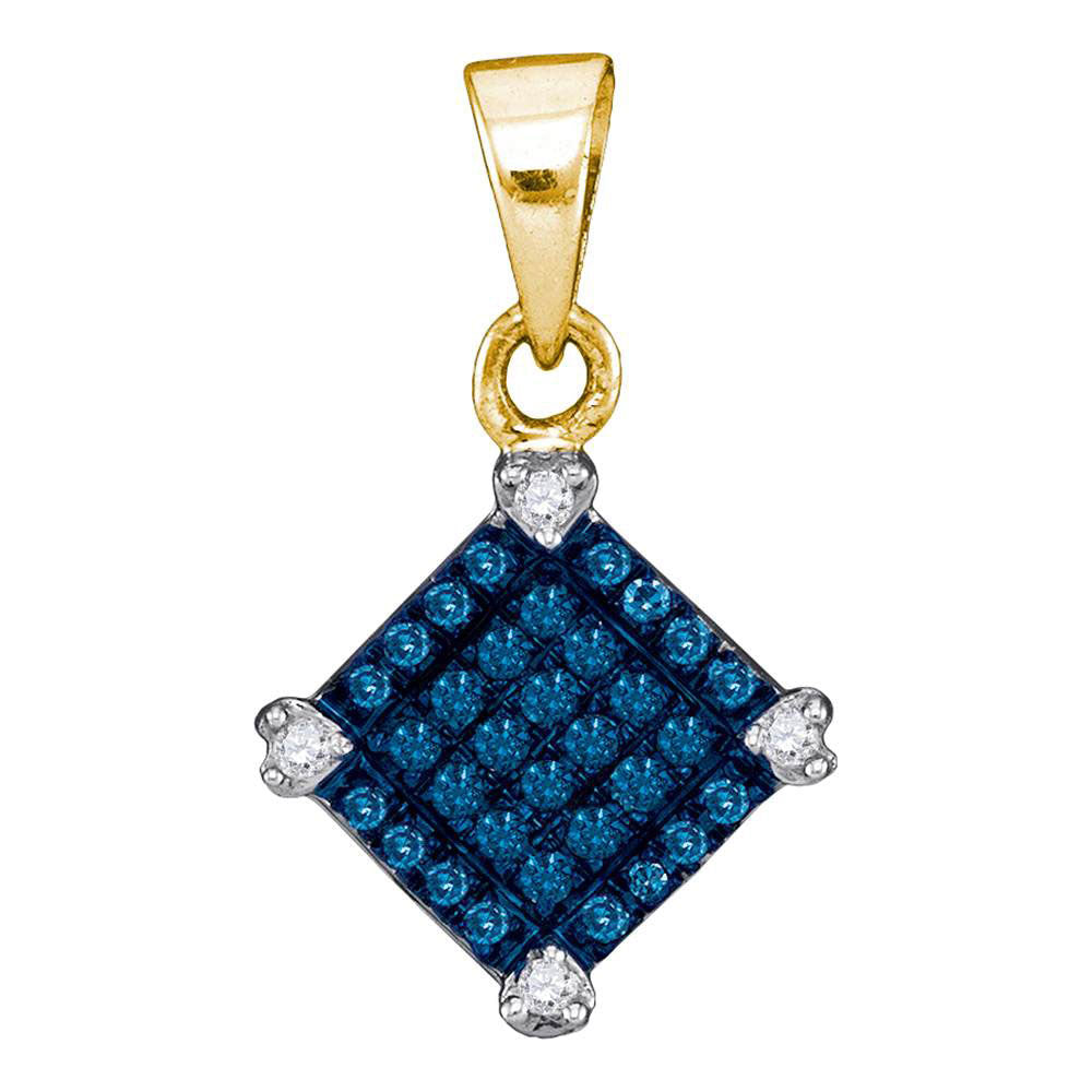 10kt Yellow Gold Womens Round Blue Color Enhanced Diamond Square Pendant 1/6 Cttw