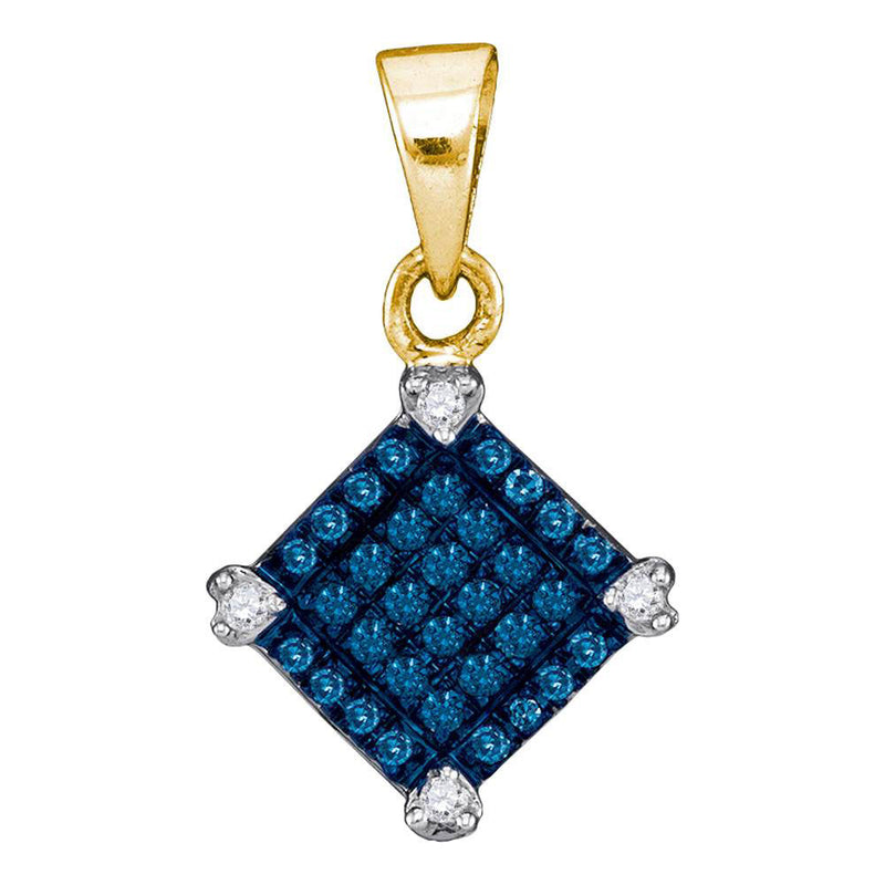 10kt Yellow Gold Womens Round Blue Color Enhanced Diamond Square Pendant 1/6 Cttw