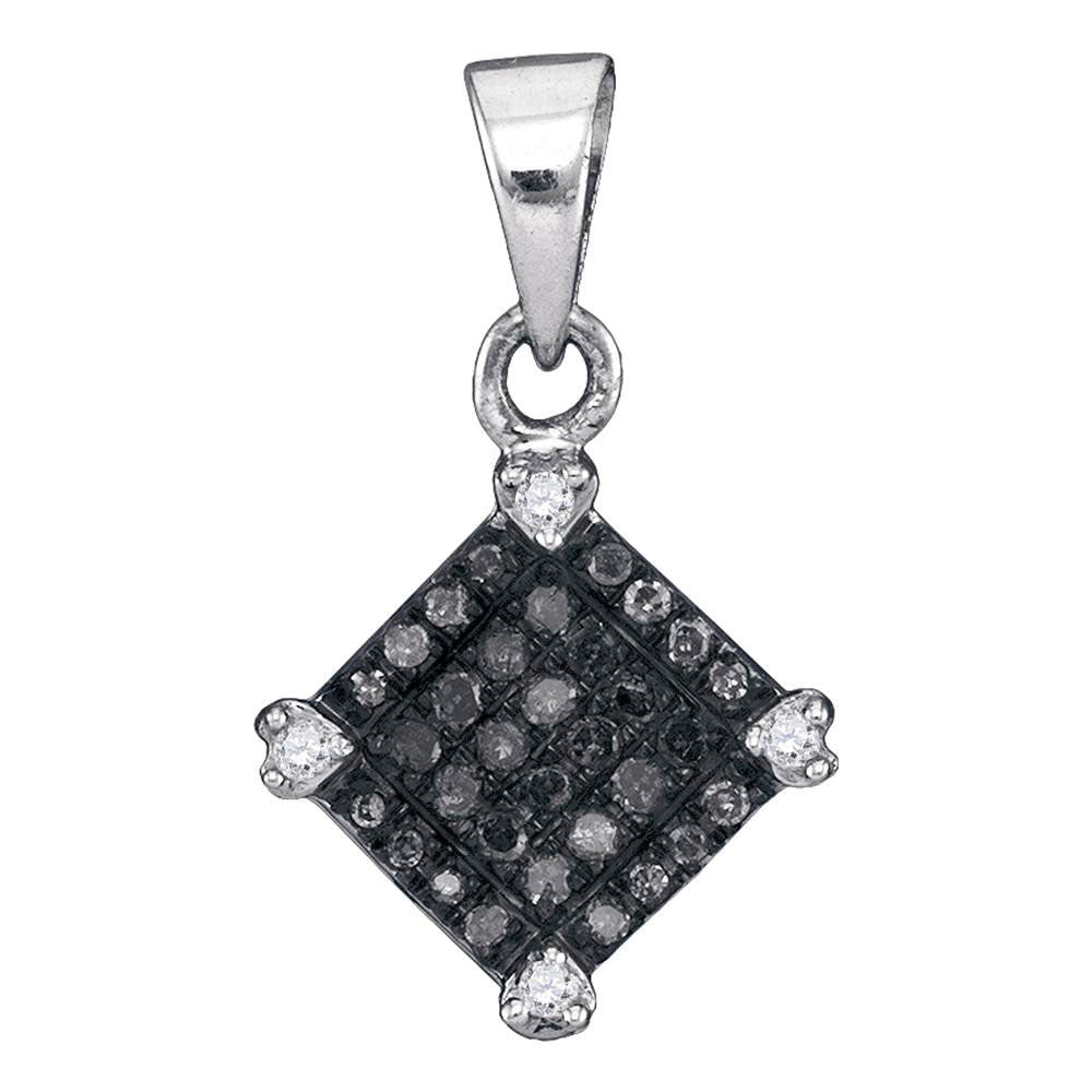 10kt White Gold Womens Round Black Color Enhanced Diamond Diagonal Square Pendant 1/6 Cttw