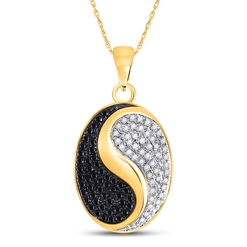 10kt Yellow Gold Womens Round Black Color Enhanced Diamond Oval Yin Yang Pendant 1/3 Cttw