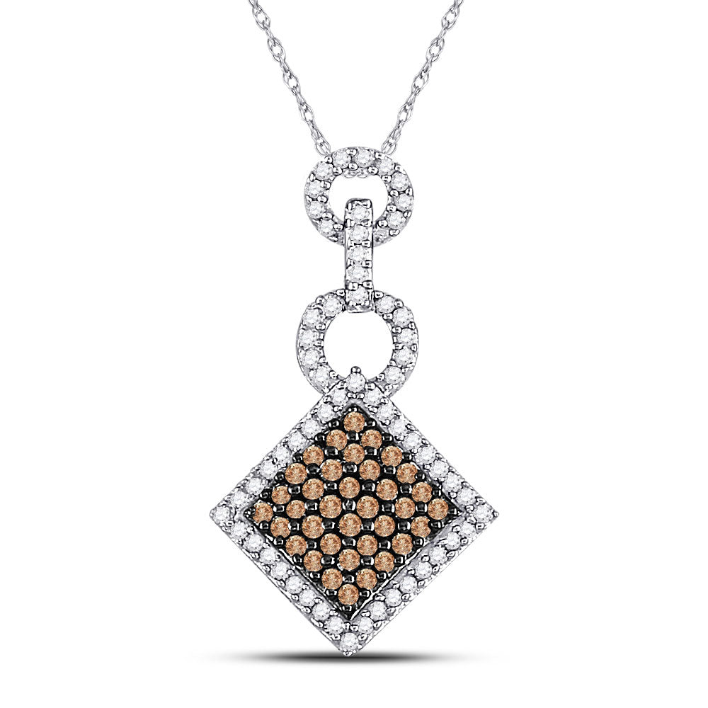 10kt White Gold Womens Round Brown Diamond Diagonal Square Pendant 1/3 Cttw