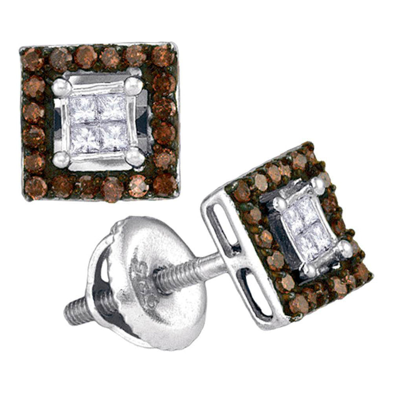 10kt White Gold Womens Round Brown Diamond Square Cluster Earrings 1/3 Cttw