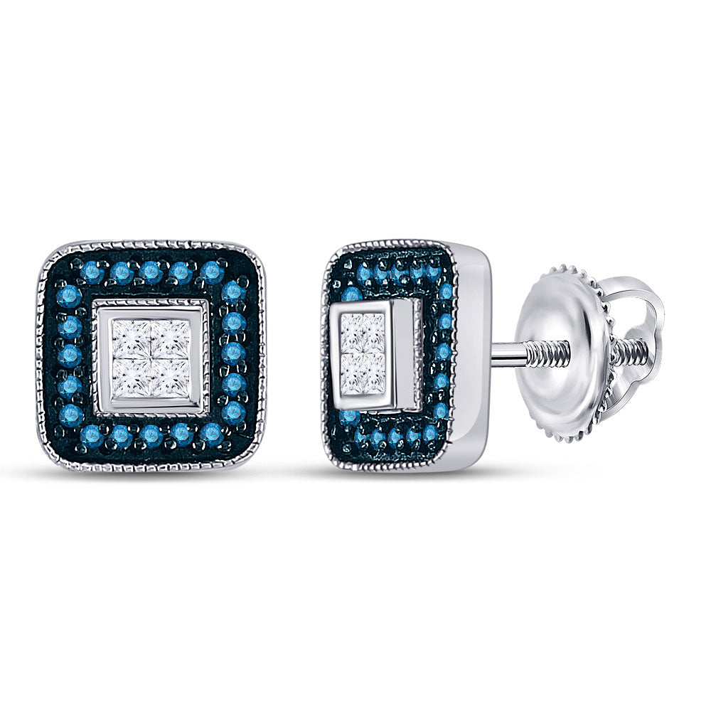 10kt White Gold Womens Round Blue Color Enhanced Diamond Square Cluster Earrings 1/3 Cttw