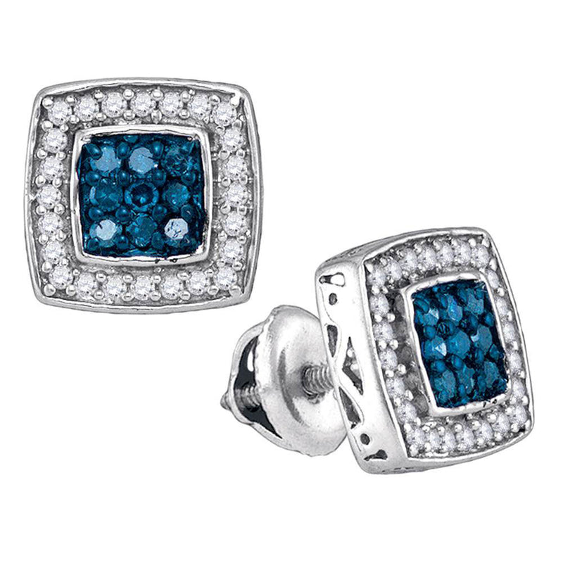 10kt White Gold Womens Round Blue Color Enhanced Diamond Square Cluster Earrings 1/2 Cttw