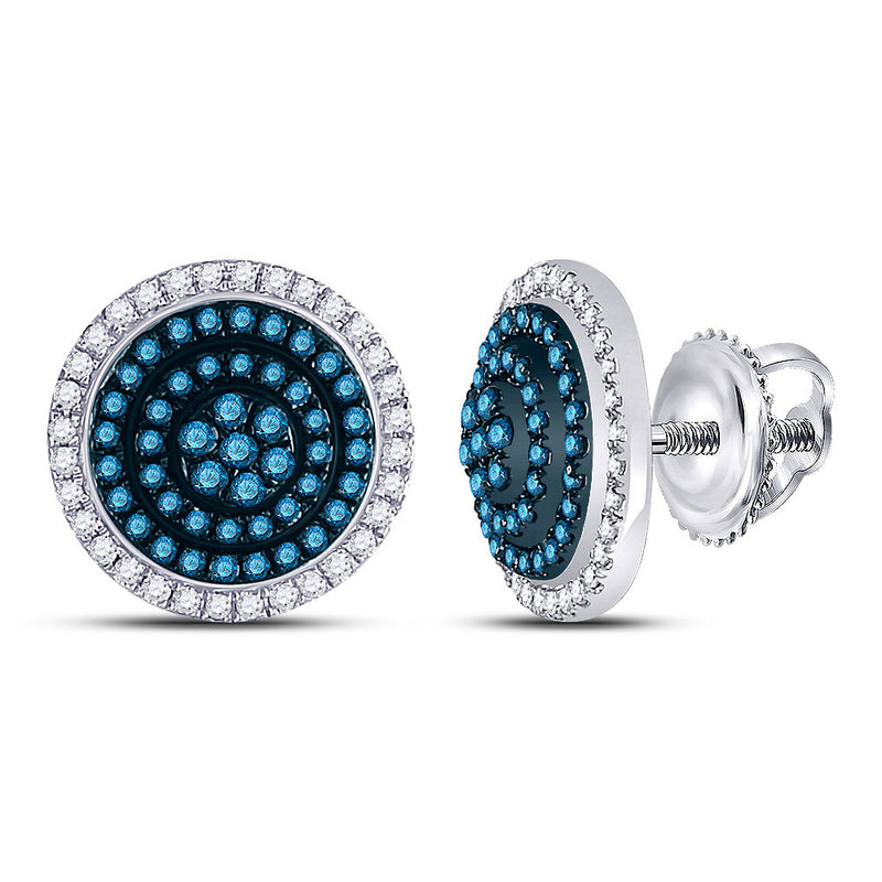 10kt White Gold Womens Round Blue Color Enhanced Diamond Concentric Cluster Earrings 1/2 Cttw