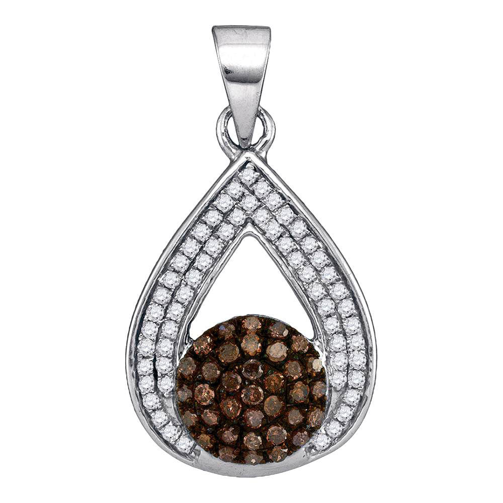 10kt White Gold Womens Round Brown Diamond Teardrop Cluster Pendant 1/3 Cttw