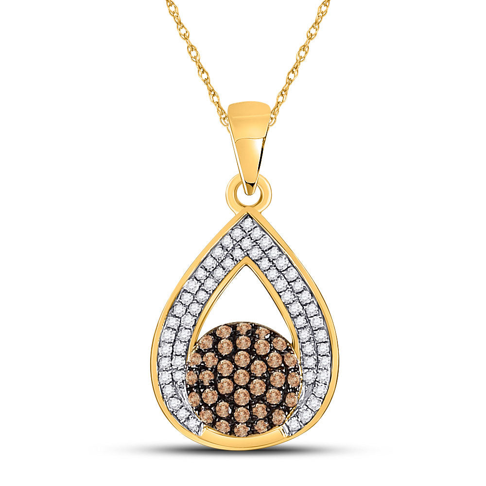 10kt Yellow Gold Womens Round Brown Diamond Teardrop Cluster Pendant 1/3 Cttw