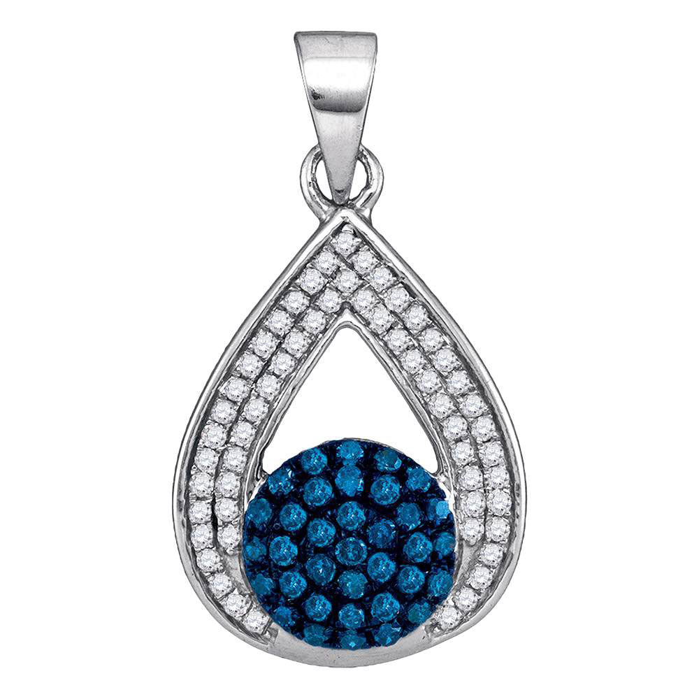 10kt White Gold Womens Round Blue Color Enhanced Diamond Teardrop Cluster Pendant 1/3 Cttw