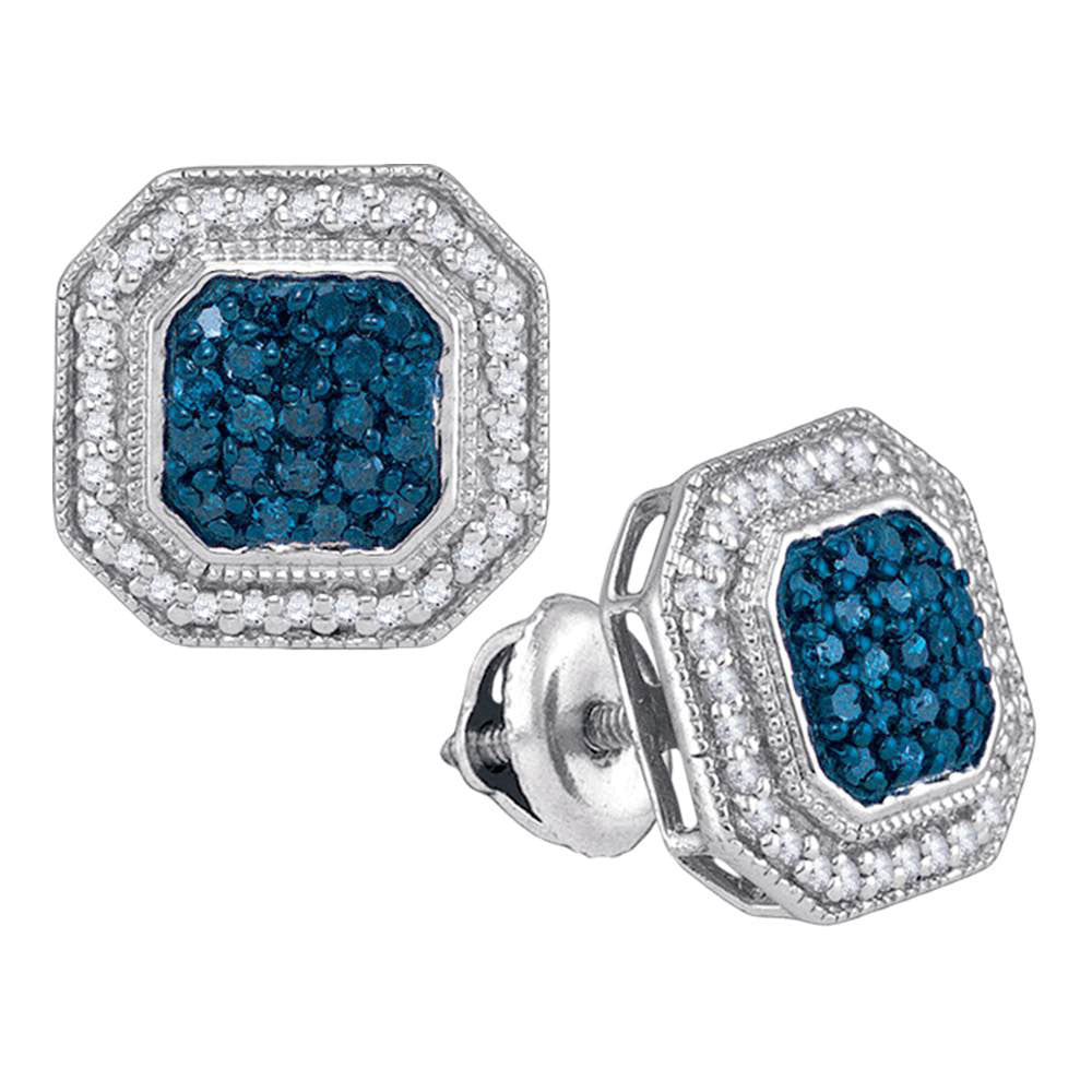 10kt White Gold Womens Round Blue Color Enhanced Diamond Octagon Cluster Earrings 1/2 Cttw