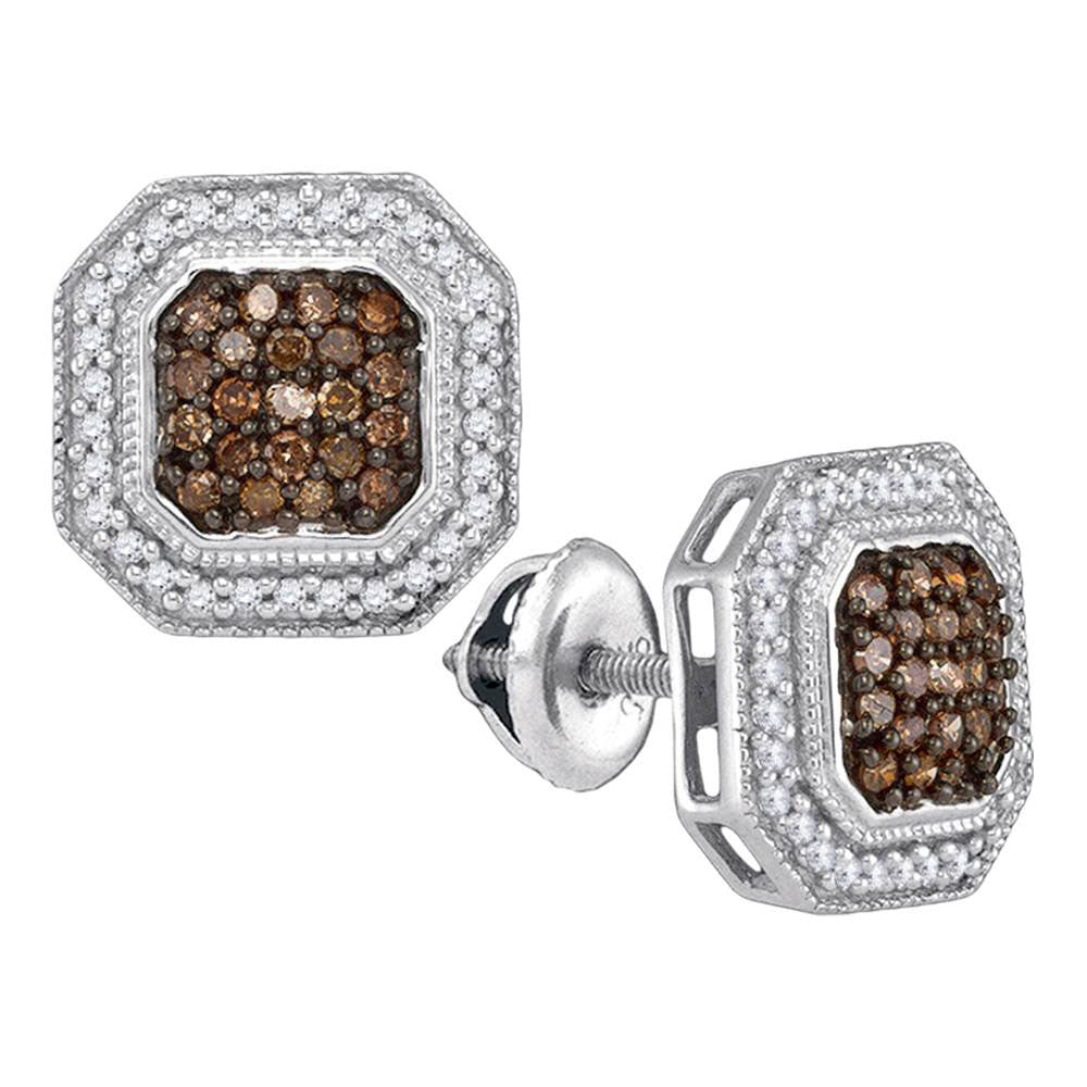 10k White Gold Brown Diamond Womens Square-shape Halo Stud Earrings