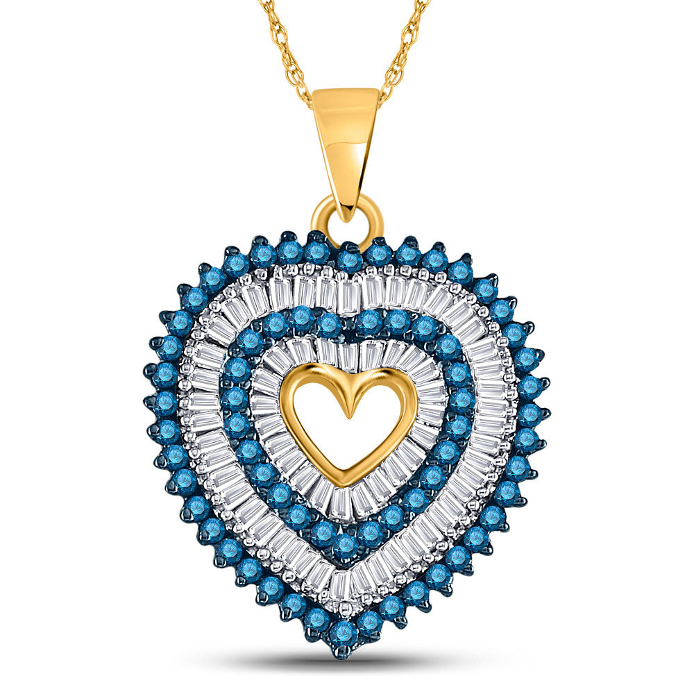 10kt Yellow Gold Womens Round Blue Color Enhanced Diamond Heart Outline Pendant 7/8 Cttw