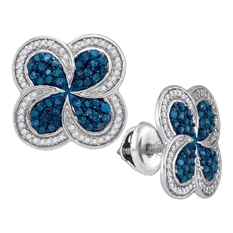 10kt White Gold Womens Round Blue Color Enhanced Diamond Pinwheel Cluster Earrings 1/2 Cttw