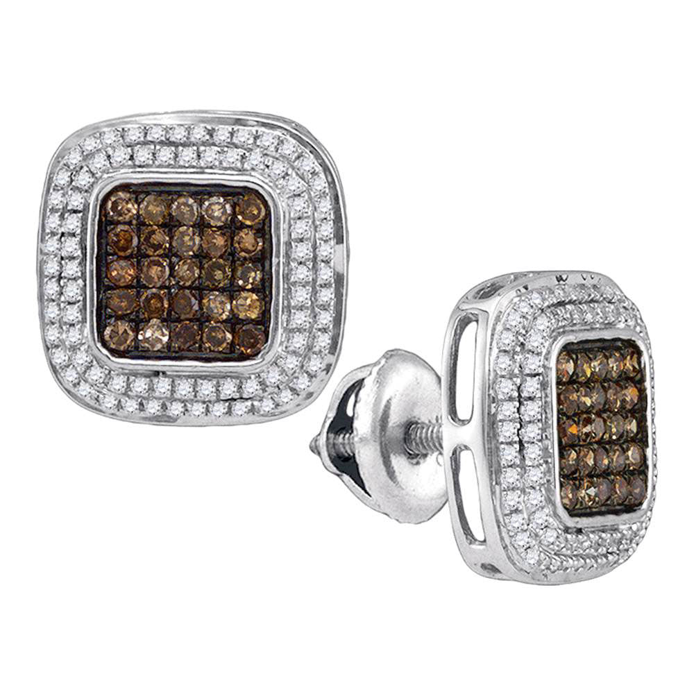 10kt White Gold Womens Round Brown Diamond Square Cluster Earrings 1/2 Cttw