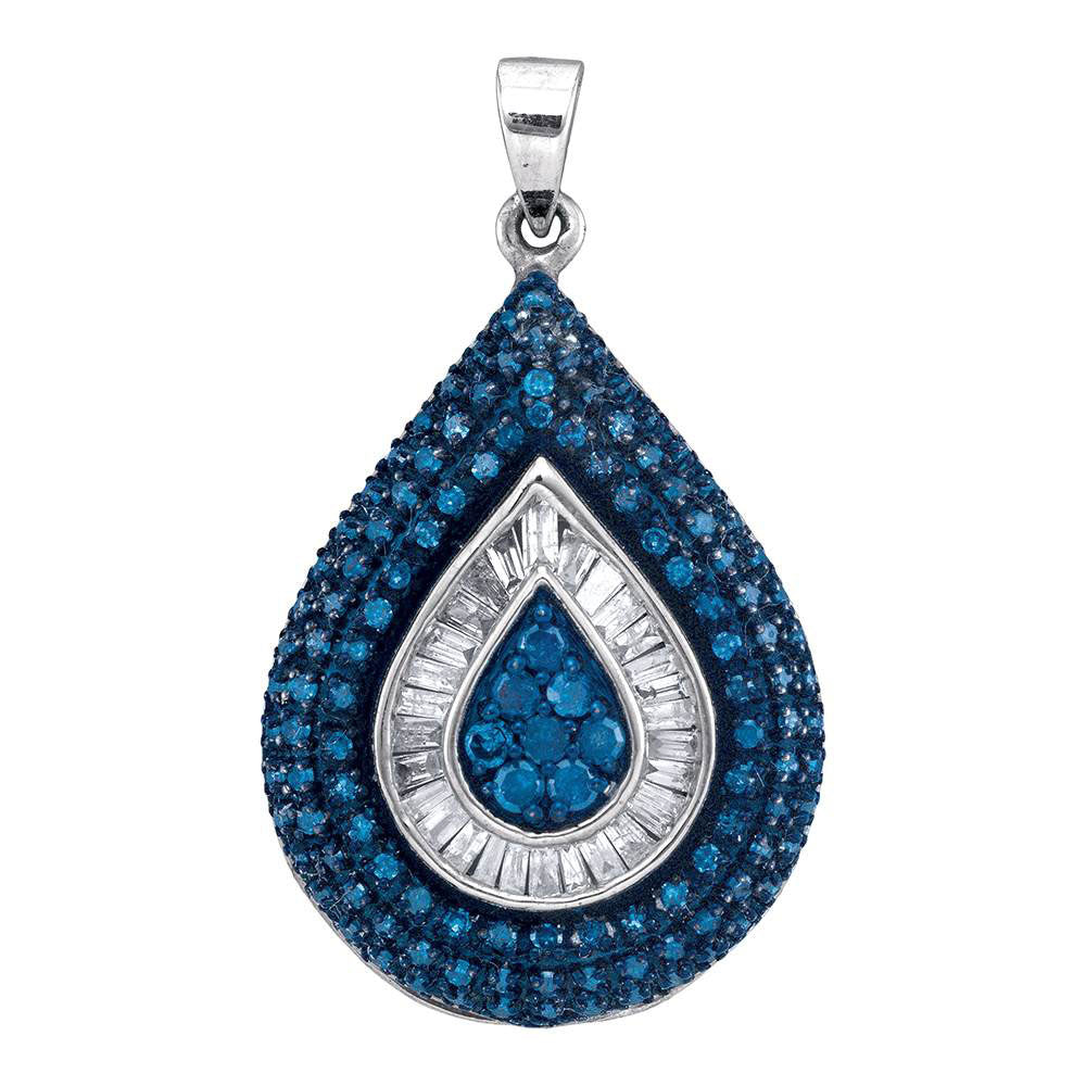 10kt White Gold Womens Round Blue Color Enhanced Diamond Teardrop Frame Pendant 1 Cttw