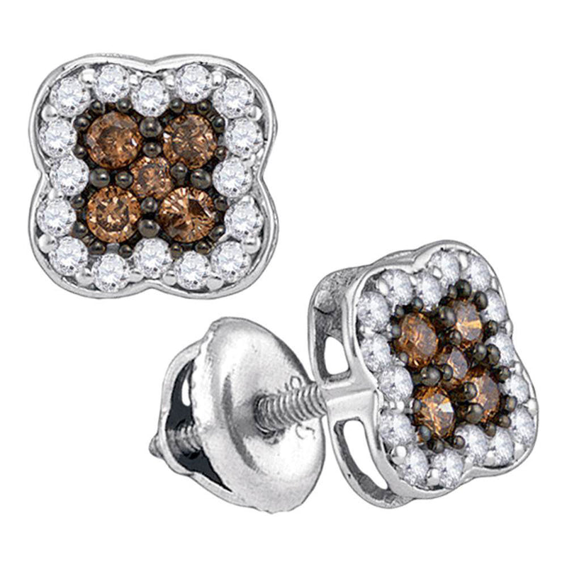 10kt White Gold Womens Round Brown Diamond Square Cluster Earrings 1/2 Cttw