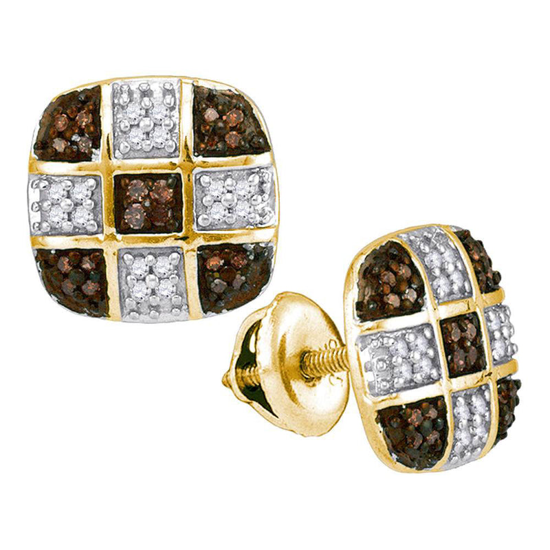 10kt Yellow Gold Womens Round Brown Diamond Checkered Square Earrings 1/4 Cttw