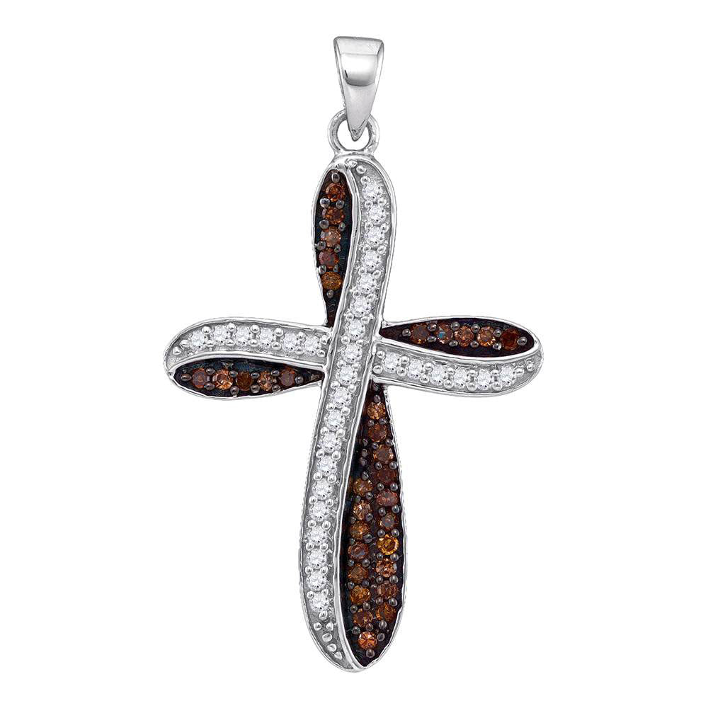 10kt White Gold Womens Round Brown Diamond Cross Pendant 1/2 Cttw