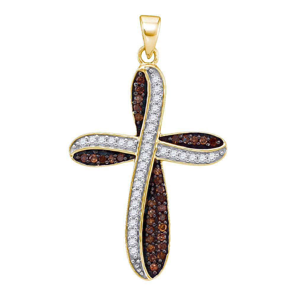 10kt Yellow Gold Womens Round Brown Diamond Cross Pendant 1/2 Cttw